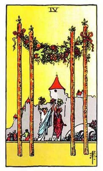 Carta De Tarot 4 Quatro De Paus Significados E Mensagens No Taro Para Amor Financeiro Trabalho Social Saude Riqueza